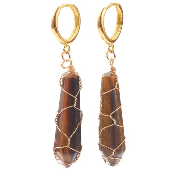 Gem on Huggie Hoop Earrings Natural Tiger Eye point Wire Wrapped Bullet gemstone - Picture 2 of 2